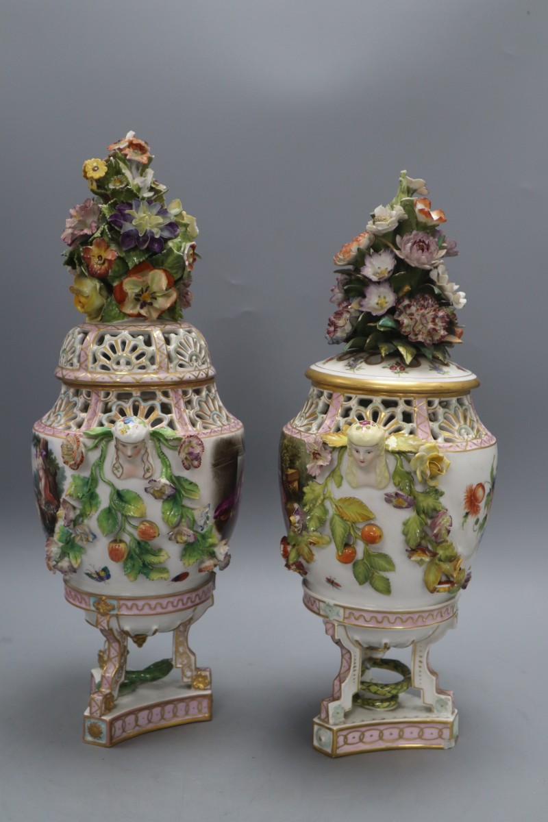 Two similar Potschappel, Dresden pot pourri urns and covers, c.1900-10, H. 38 and 41cm